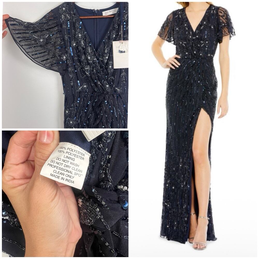 Mac Duggal 2 Black Sequin Evening Gown Prom Maxi Dress Slit Flutter Sleeve - Picture 7 of 10